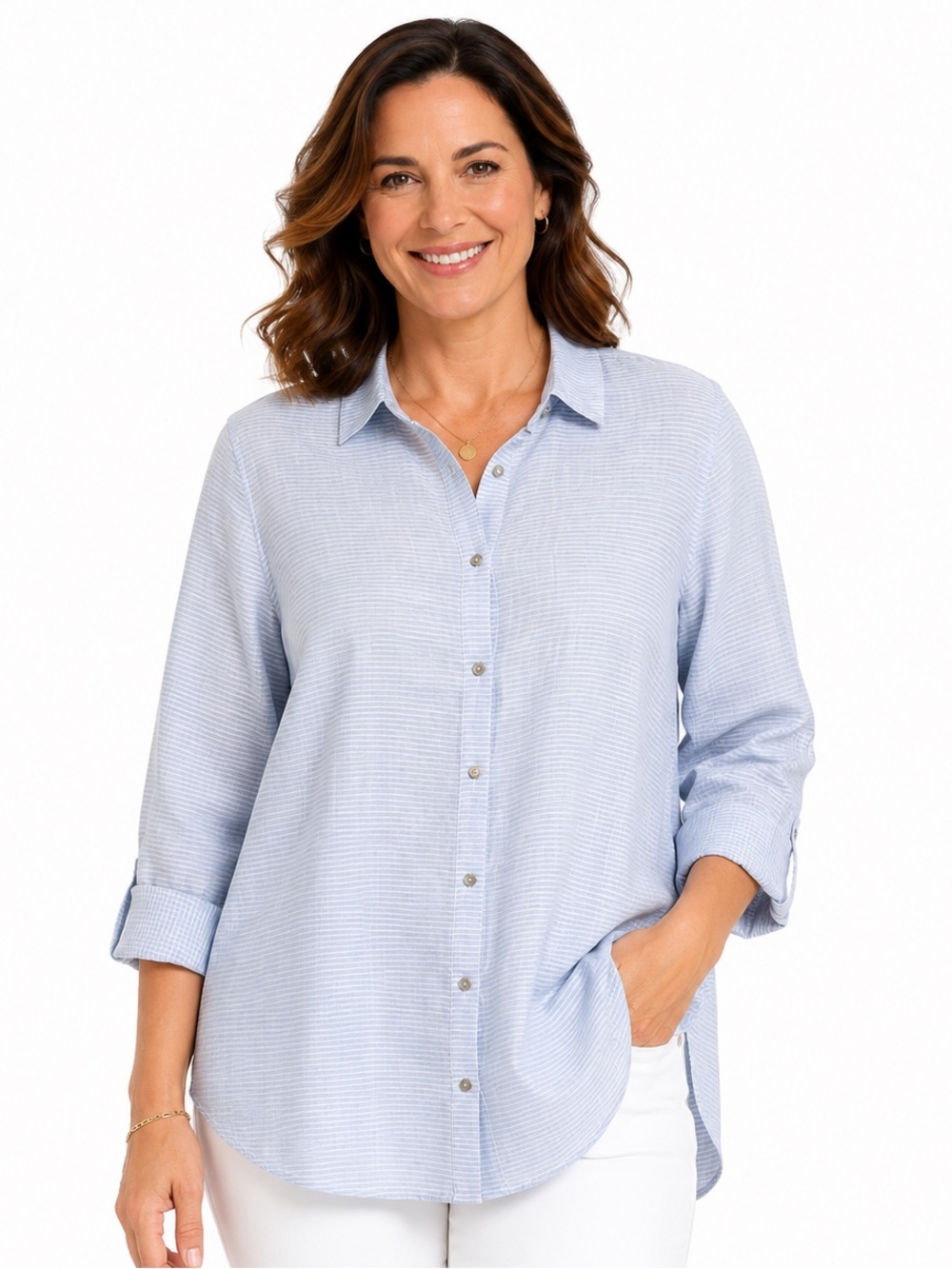 St. Tropez West 100% Linen Blue & White Striped Tunic Blouse Lagenlook Sz. Small